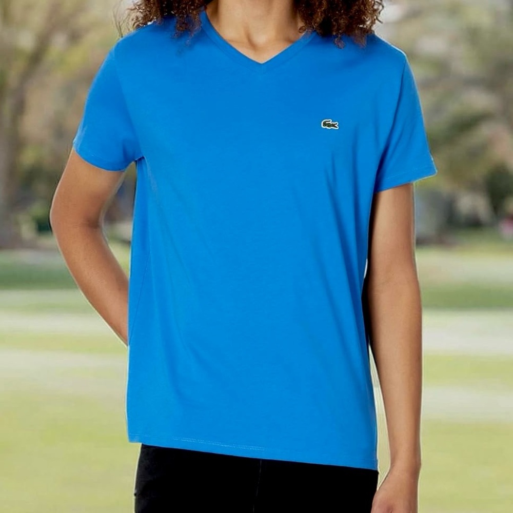Lacoste Regular Fit V Neck Blue Short Sleeve Tee Shirt